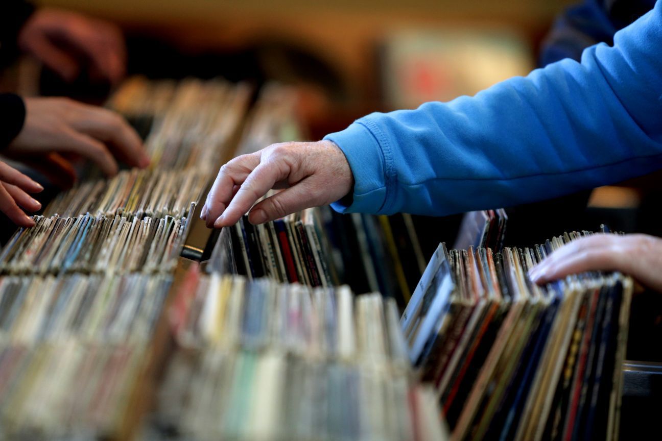 People look through records